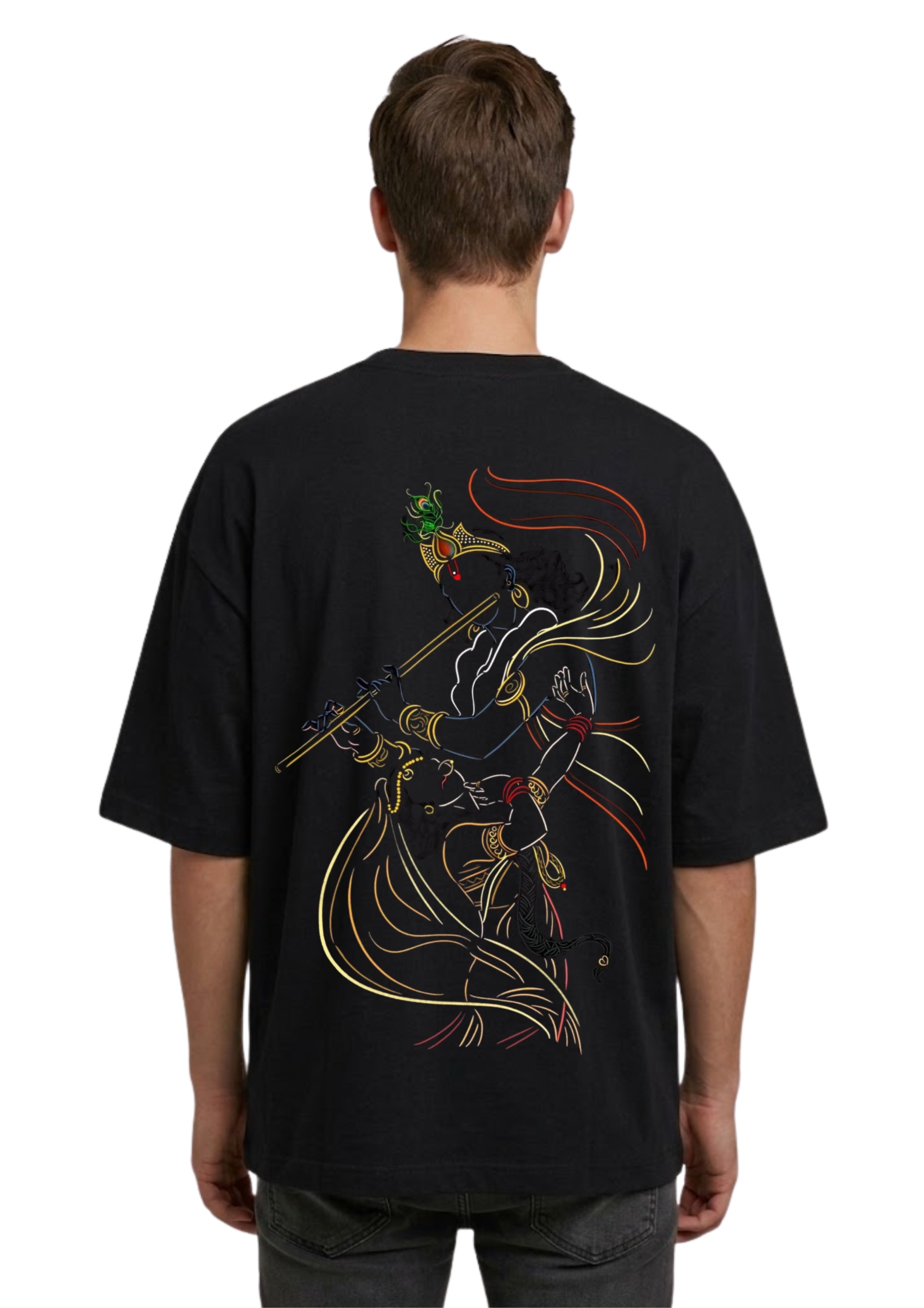 Radha Krishna Flute Art Graphic Oversized T-Shirt | 100% Cotton | 220 GSM