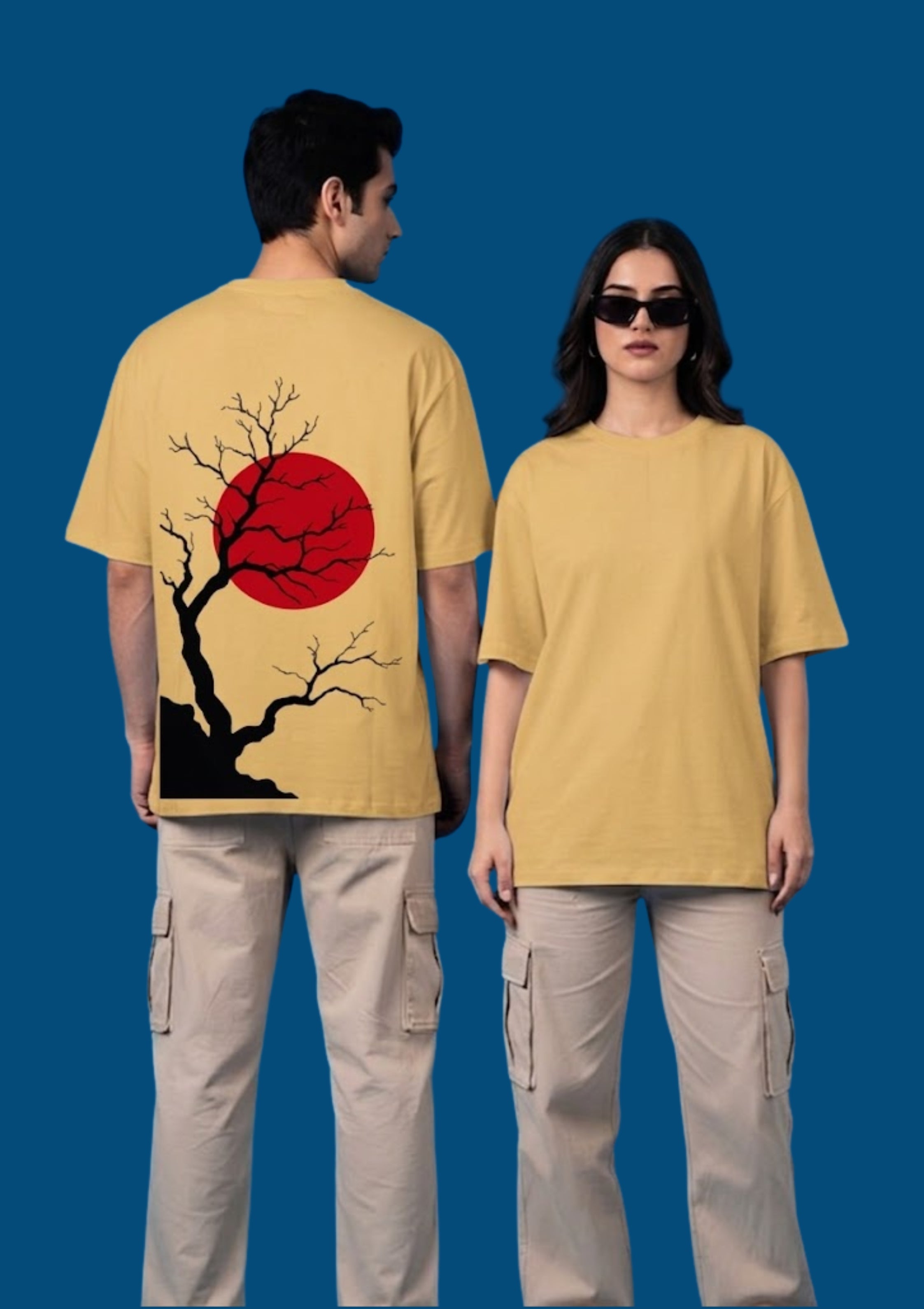 Japanese Red Sun Tree Graphic Unisex Oversized T-Shirt | 100% Cotton | 220 GSM