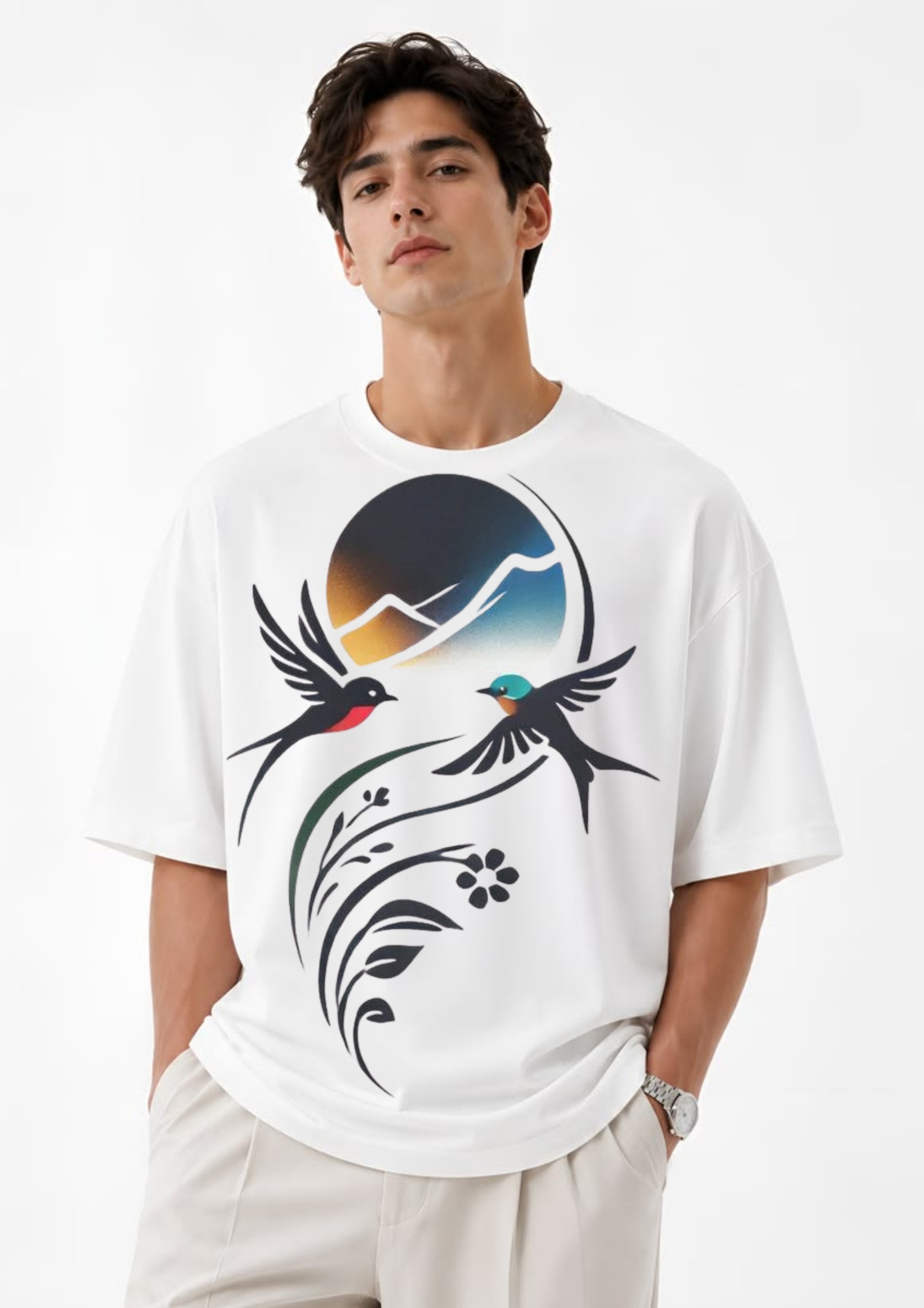 Flying Birds Nature Graphic Oversized T-Shirt | 100% Cotton | 220 GSM