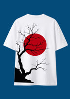 Japanese Red Sun Tree Graphic Unisex Oversized T-Shirt | 100% Cotton | 220 GSM