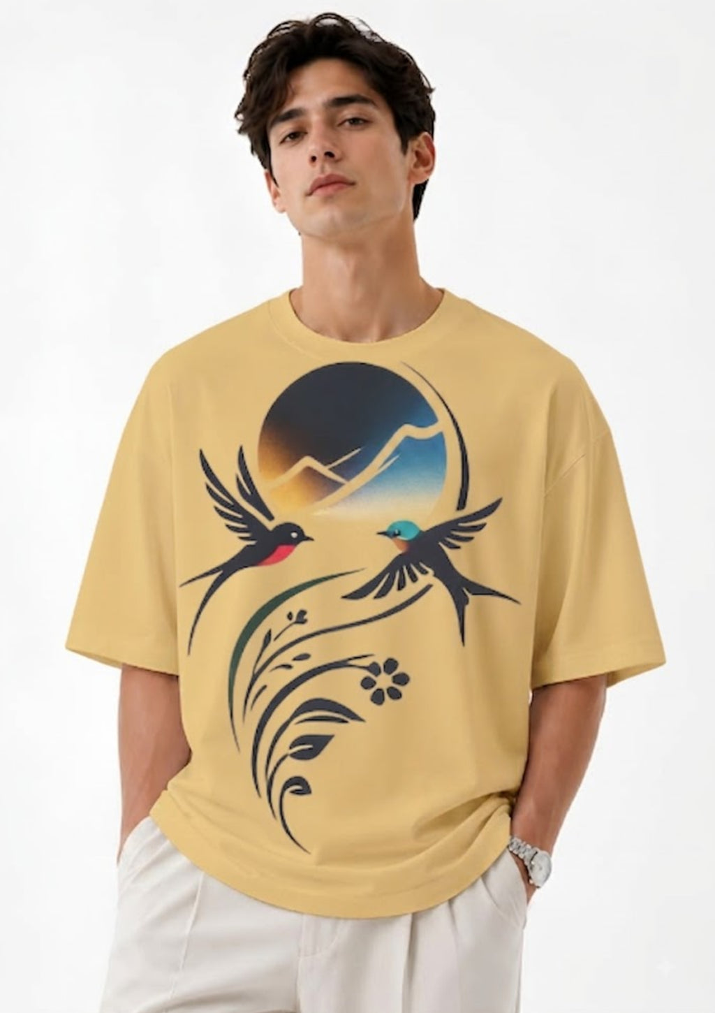 Flying Birds Nature Graphic Oversized T-Shirt | 100% Cotton | 220 GSM
