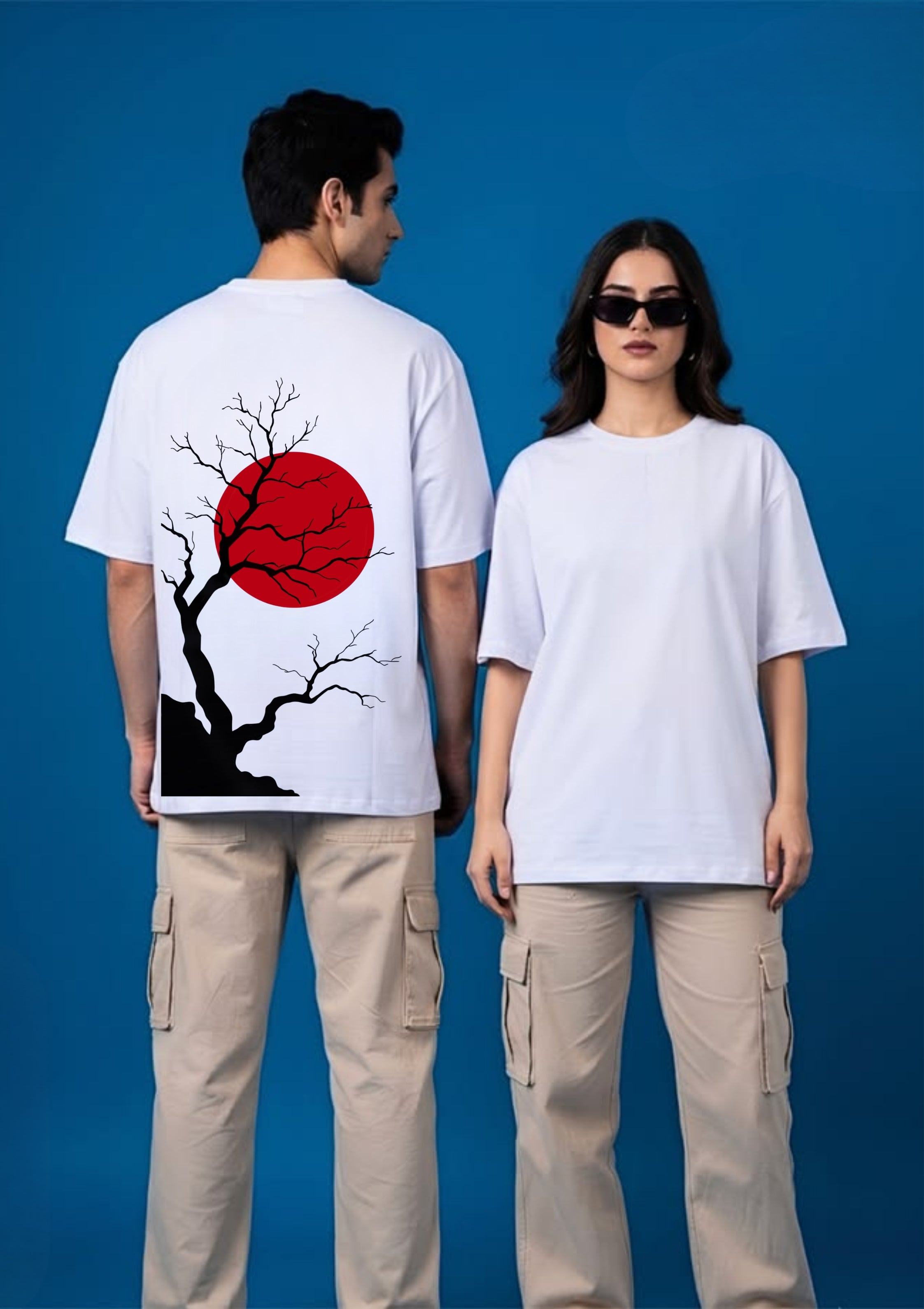 Japanese Red Sun Tree Graphic Unisex Oversized T-Shirt | 100% Cotton | 220 GSM